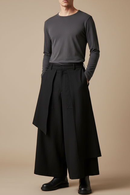Pantalon Japonais Noir Ample Superposé Asymétrique Unisexe - Coton