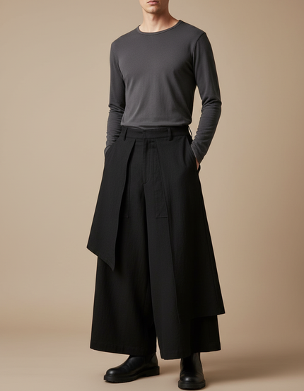 Pantalon Japonais Noir Ample Superposé Asymétrique Unisexe - Coton
