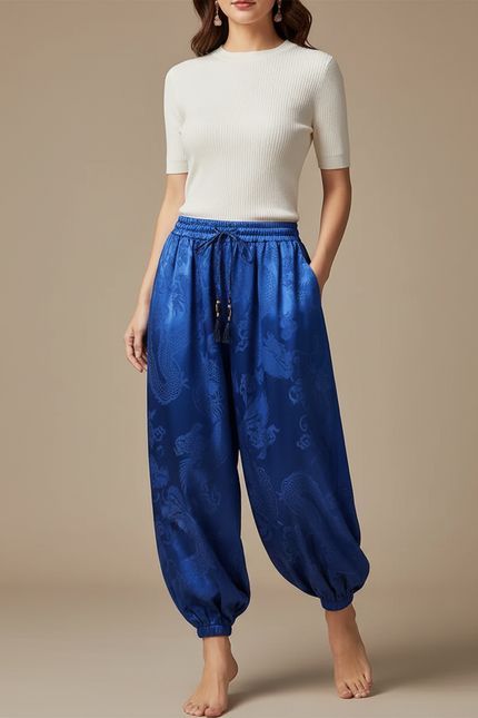 Pantalon Japonais Bleu Soie Dragon Harem Fluide