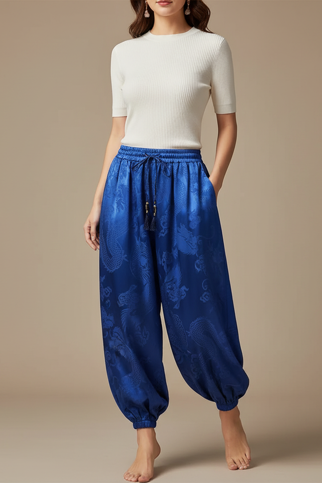 Pantalon Japonais Bleu Soie Dragon Harem Fluide