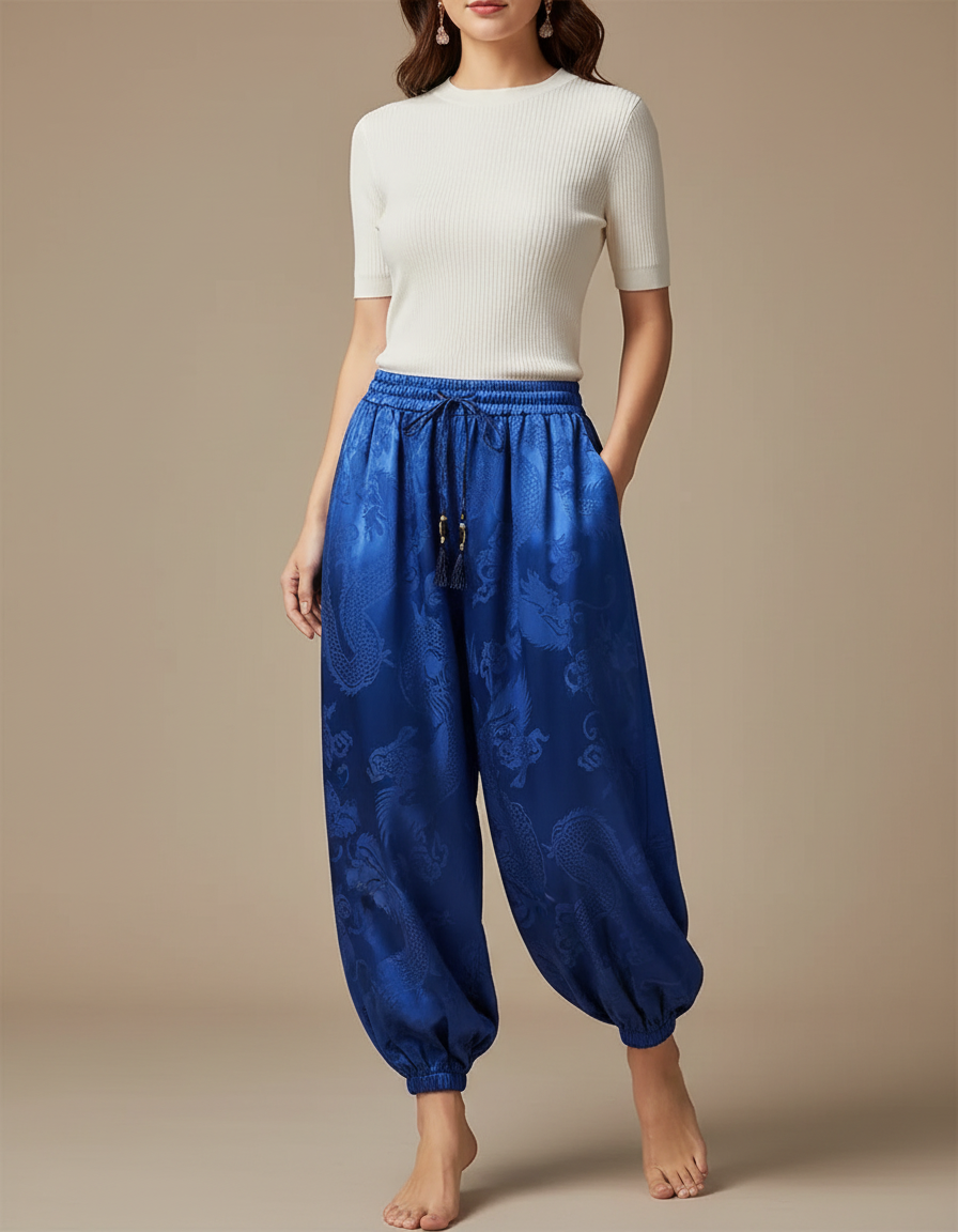 Pantalon Japonais Bleu Soie Dragon Harem Fluide