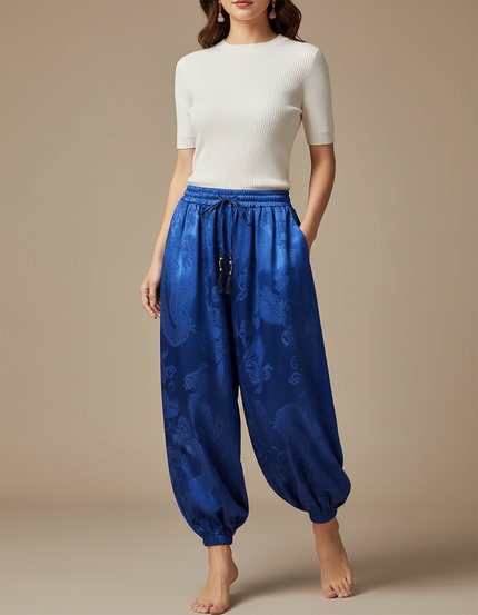 Pantalon Japonais Bleu Soie Dragon Harem Fluide