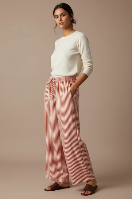 Pantalon Japonais Rayé Ample Fluide Cordon Élastique - Multicolore Lin