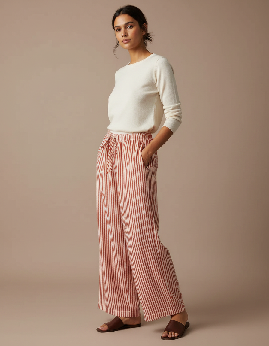 Pantalon Japonais Rayé Ample Fluide Cordon Élastique - Multicolore Lin