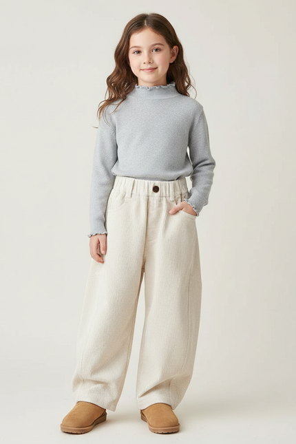Pantalon Japonais Crème Côtelé Ample Élastique Enfant - Beige Cordé