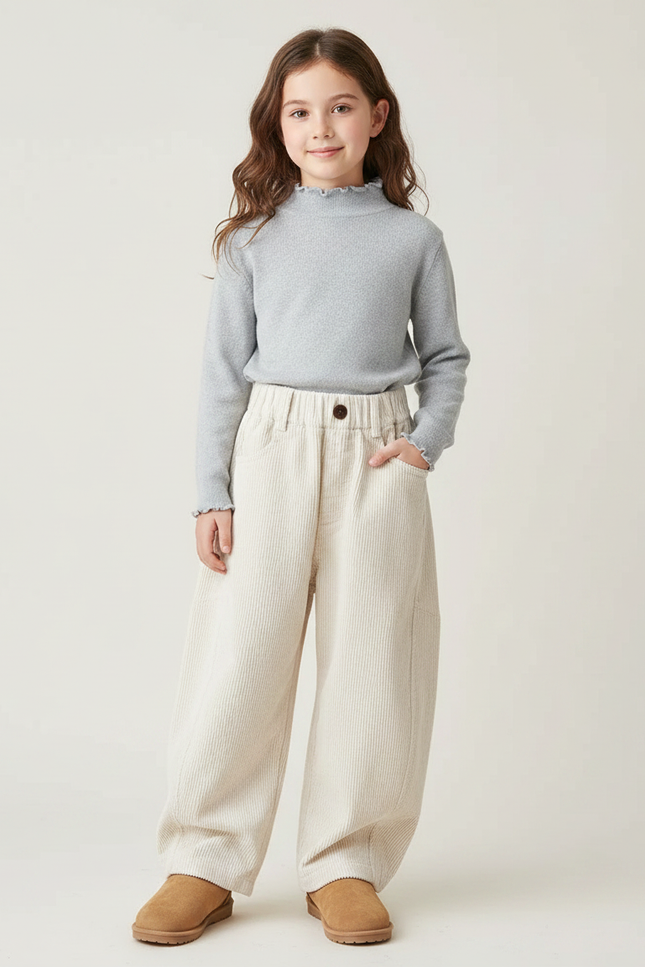 Pantalon Japonais Crème Côtelé Ample Élastique Enfant - Beige Cordé