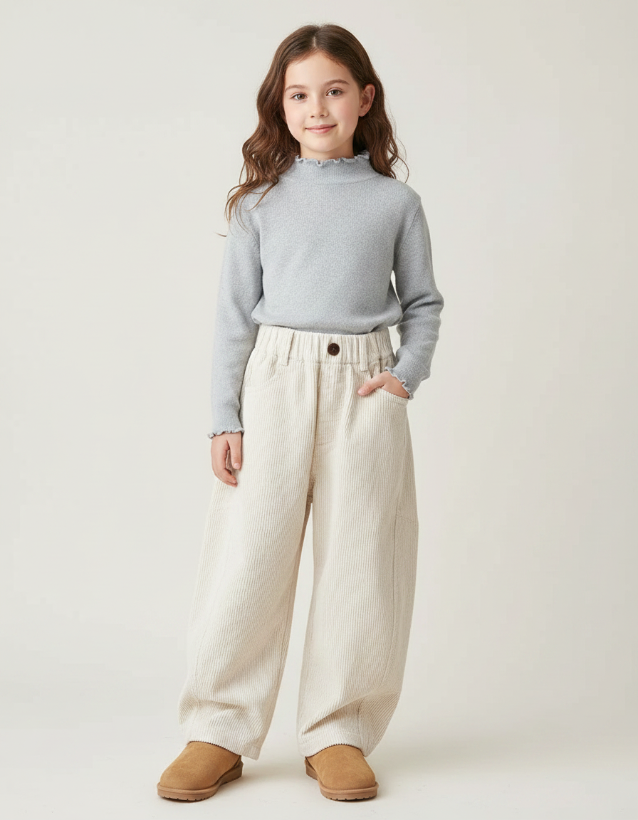 Pantalon Japonais Crème Côtelé Ample Élastique Enfant - Beige Cordé