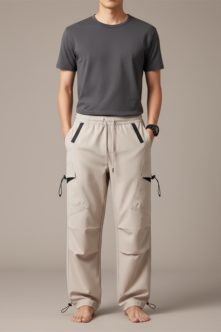 Pantalon Japonais Cargo Beige Ample Cordon Homme - Polyester