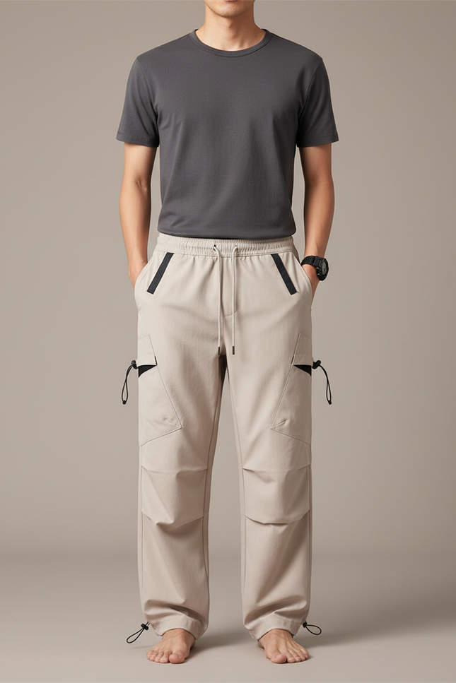 Pantalon Japonais Cargo Beige Ample Cordon Homme - Polyester