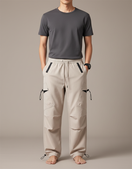 Pantalon Japonais Cargo Beige Ample Cordon Homme - Polyester