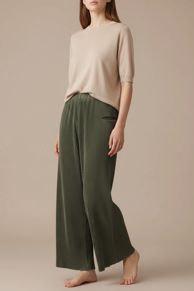 Pantalon Japonais Vert Plissé Ample Fluide Femme - Polyester