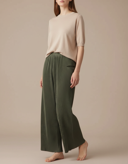Pantalon Japonais Vert Plissé Ample Fluide Femme - Polyester