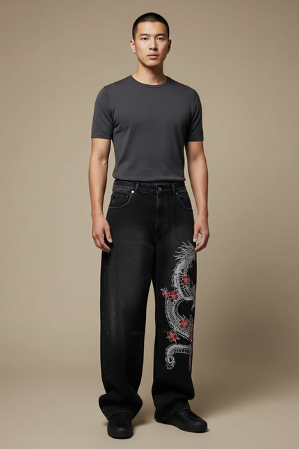 Pantalon Japonais Noir Dragon Brodé Ample Denim Homme - Jean