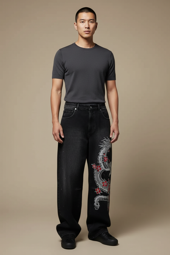 Pantalon Japonais Noir Dragon Brodé Ample Denim Homme - Jean