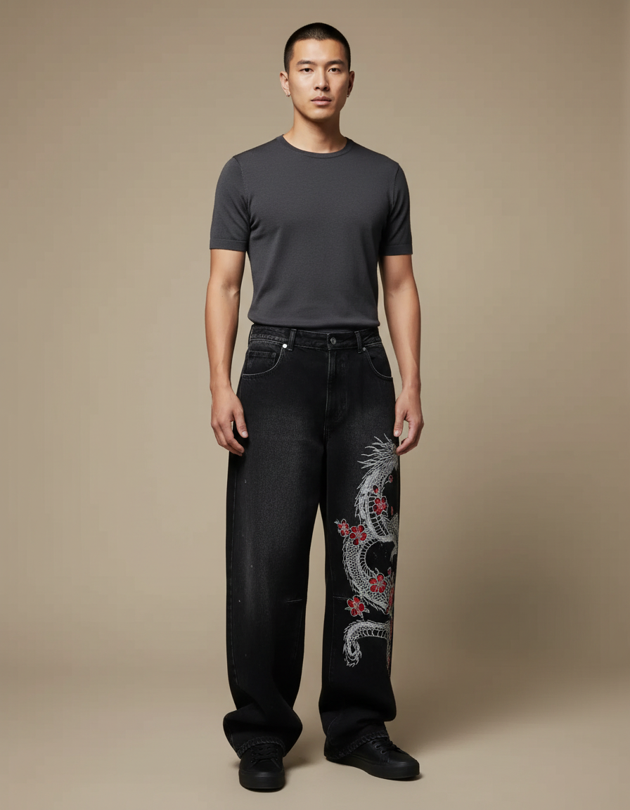 Pantalon Japonais Noir Dragon Brodé Ample Denim Homme - Jean