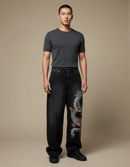 Pantalon Japonais Noir Dragon Brodé Ample Denim Homme - Jean