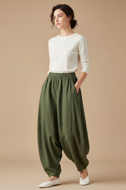 Pantalon Japonais Kaki Ample Lin Confortable Décontracté