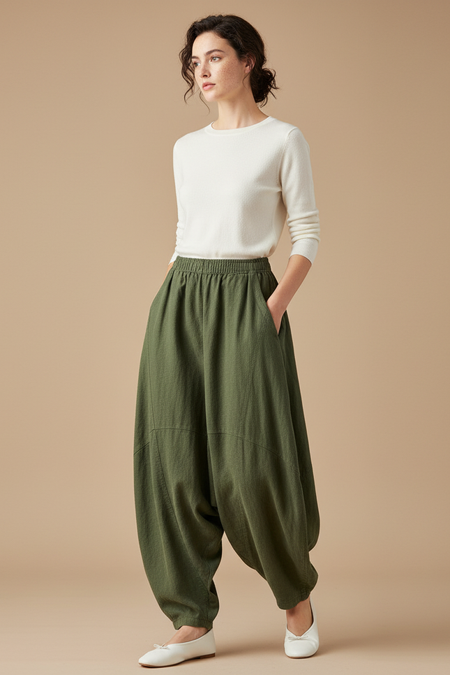 Pantalon Japonais Kaki Ample Lin Confortable Décontracté