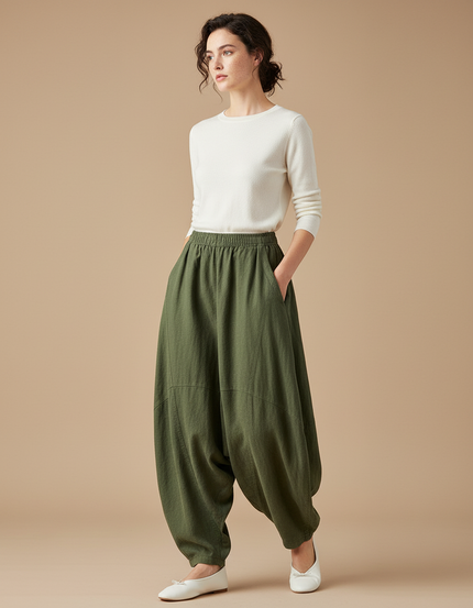 Pantalon Japonais Kaki Ample Lin Confortable Décontracté