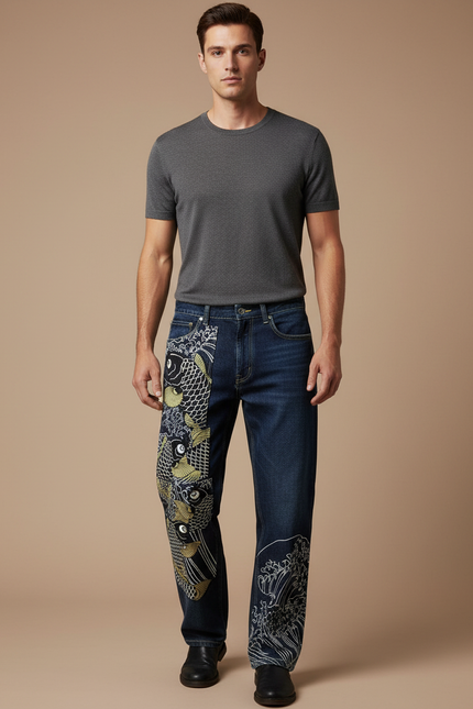 Pantalon Japonais Denim Brodé Koi Ample Homme - Bleu Jean
