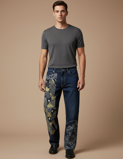 Pantalon Japonais Denim Brodé Koi Ample Homme - Bleu Jean