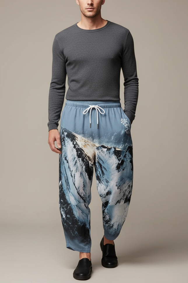 Pantalon Japonais Montagne Imprimé Ample Fluide Cordon - Polyester