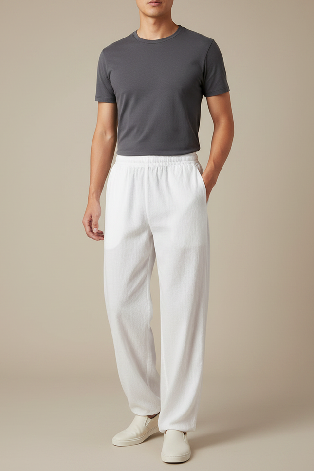 Pantalon Japonais Blanc Ample Lin Décontracté Homme