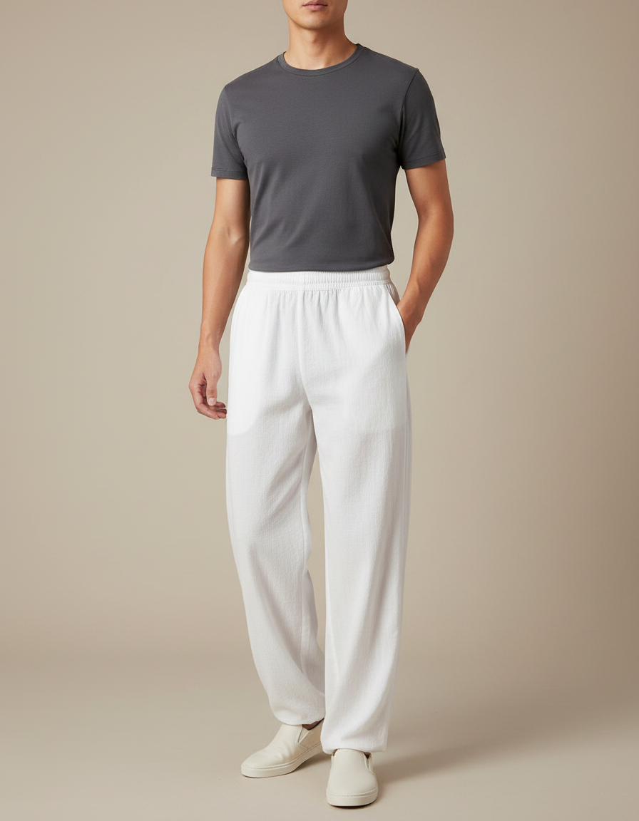Pantalon Japonais Blanc Ample Lin Décontracté Homme