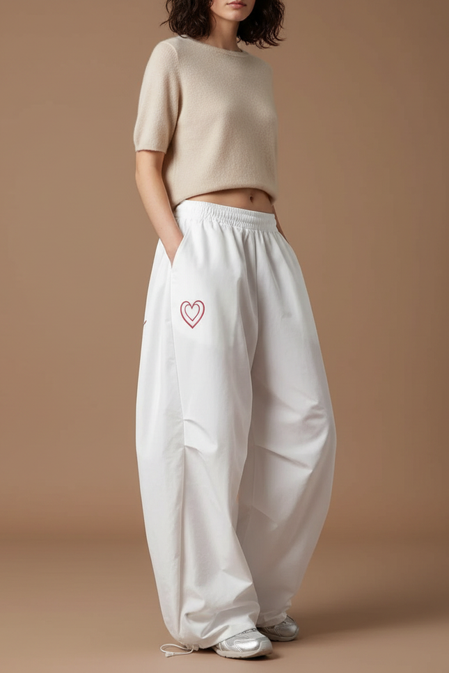 Pantalon Japonais Blanc Ample Cœur Décontracté Sportif - Polyester