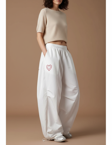 Pantalon Japonais Blanc Ample Cœur Décontracté Sportif - Polyester