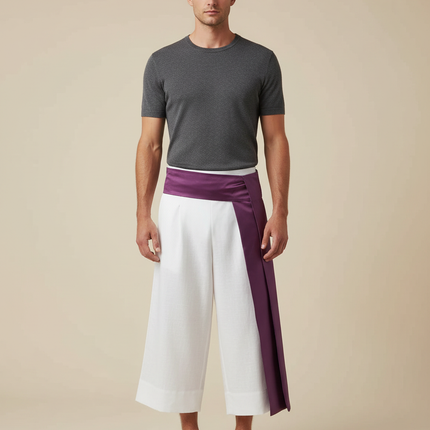 Pantalon Japonais Blanc Large Ceinture Violette Homme - Lin