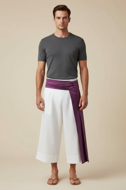 Pantalon Japonais Blanc Large Ceinture Violette Homme - Lin