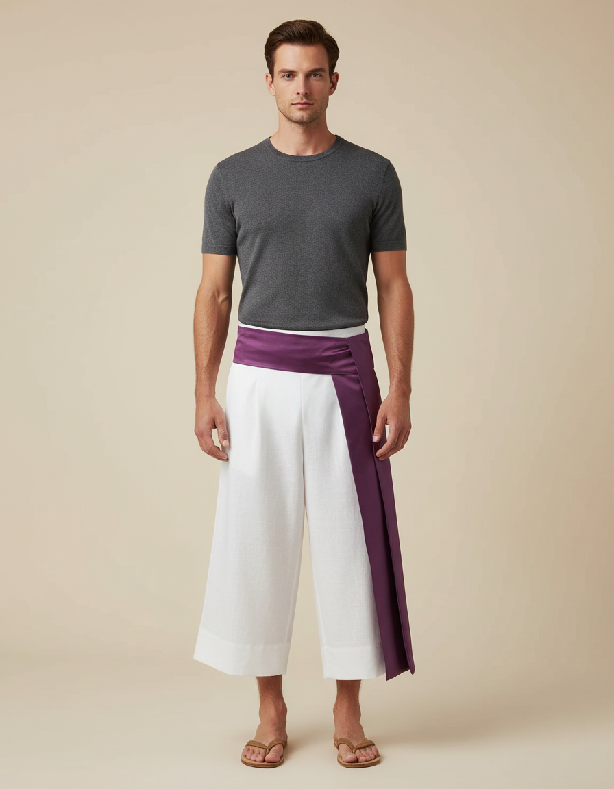 Pantalon Japonais Blanc Large Ceinture Violette Homme - Lin