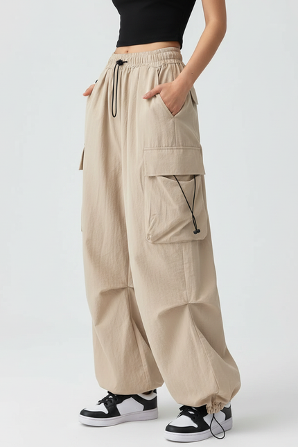 Pantalon Japonais Cargo Beige Ample Décontracté Femme - Polyester