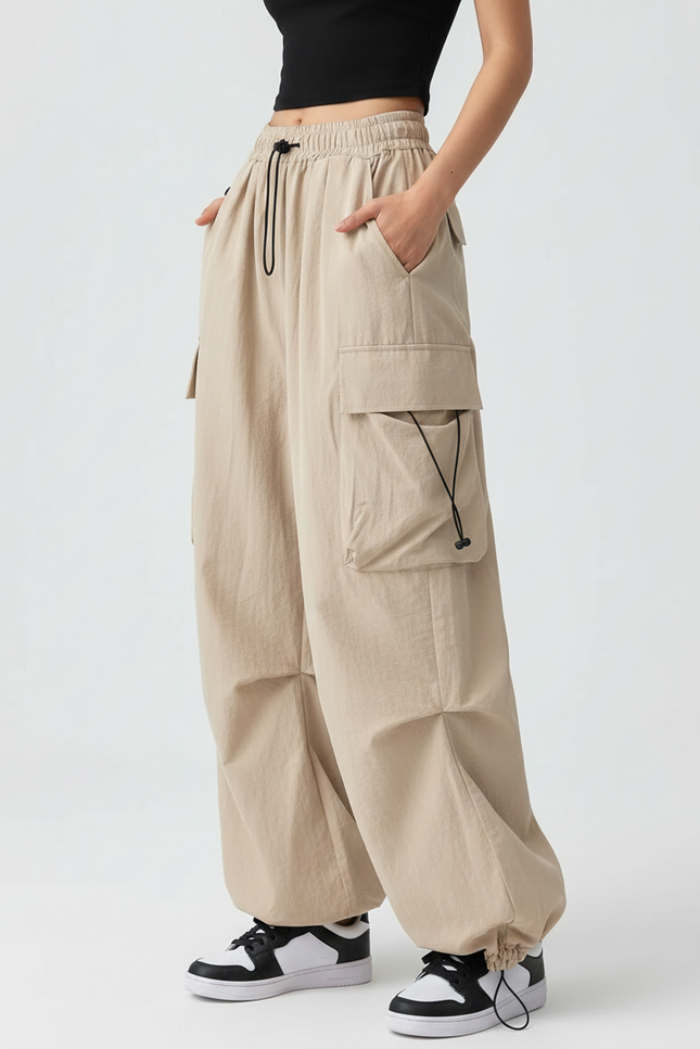 Pantalon Japonais Cargo Beige Ample Décontracté Femme - Polyester