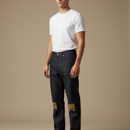 Pantalon Japonais Denim Brodé Droit Coton Homme - Marine Jean
