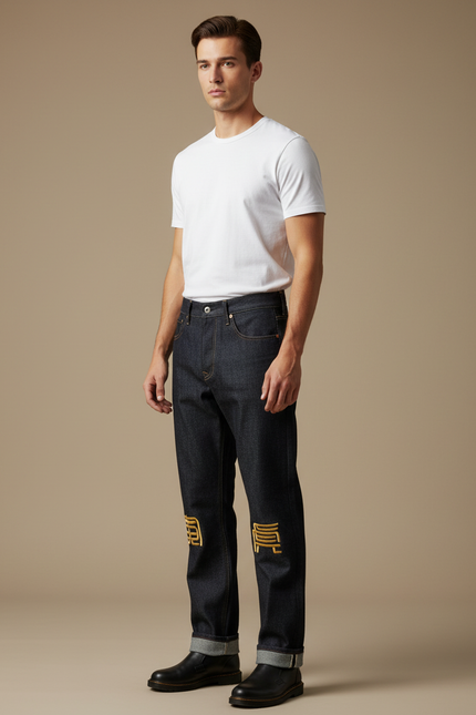 Pantalon Japonais Denim Brodé Droit Coton Homme - Marine Jean
