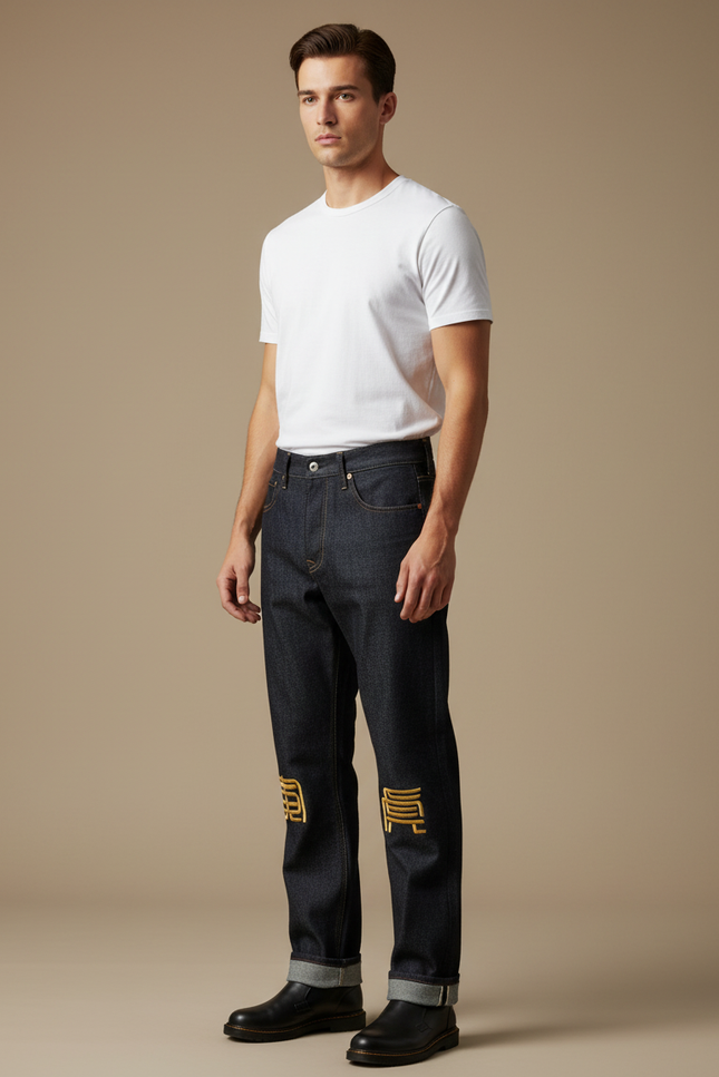 Pantalon Japonais Denim Brodé Droit Coton Homme - Marine Jean