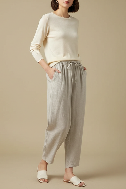 Pantalon Japonais Lin Gris Cordon Ample Femme