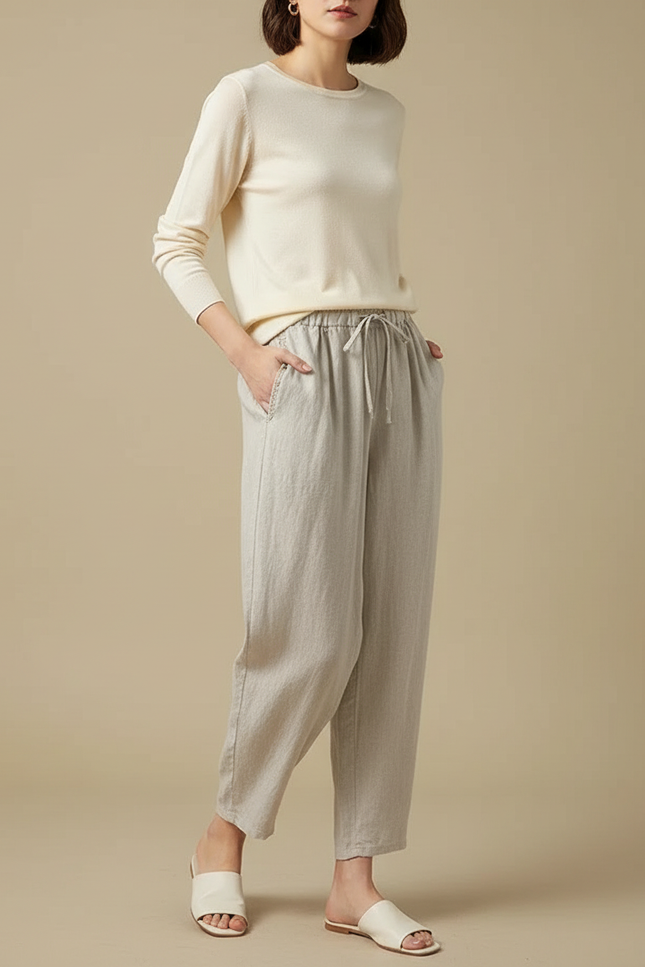 Pantalon Japonais Lin Gris Cordon Ample Femme