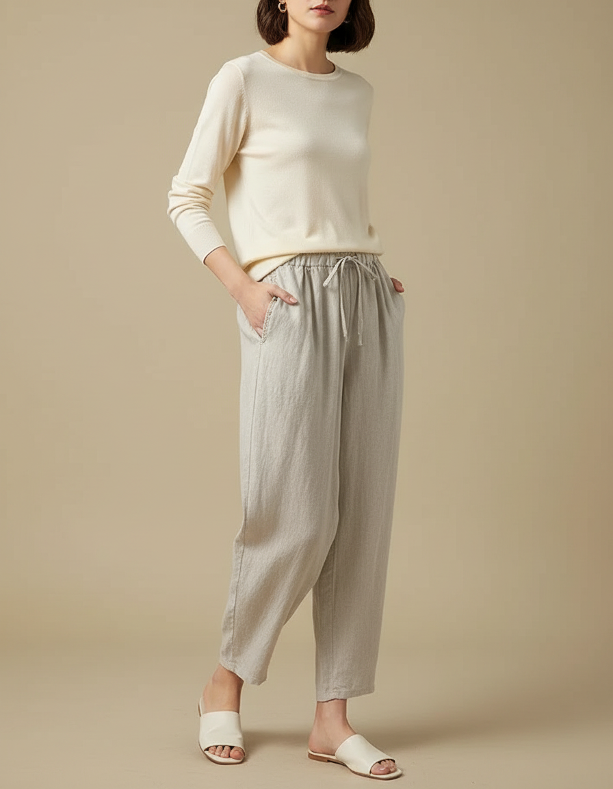 Pantalon Japonais Lin Gris Cordon Ample Femme