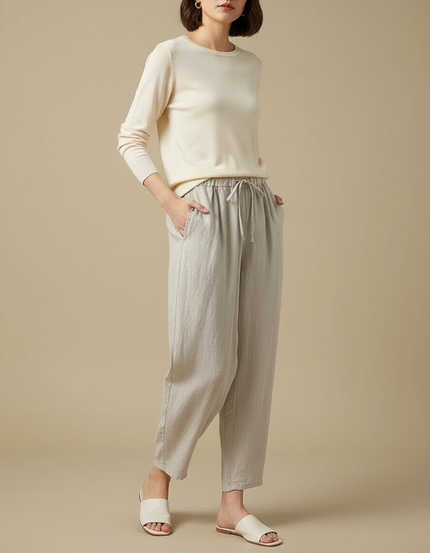 Pantalon Japonais Lin Gris Cordon Ample Femme