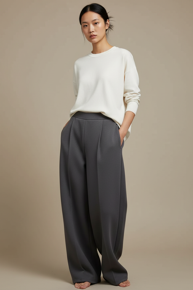 Pantalon Japonais Gris Ample Décontracté Fluide Femme - Polyester
