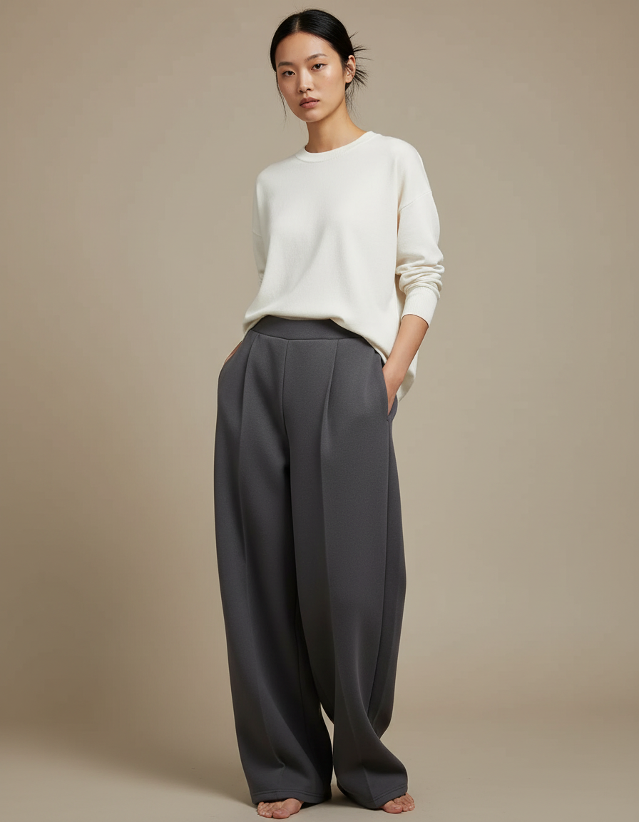 Pantalon Japonais Gris Ample Décontracté Fluide Femme - Polyester