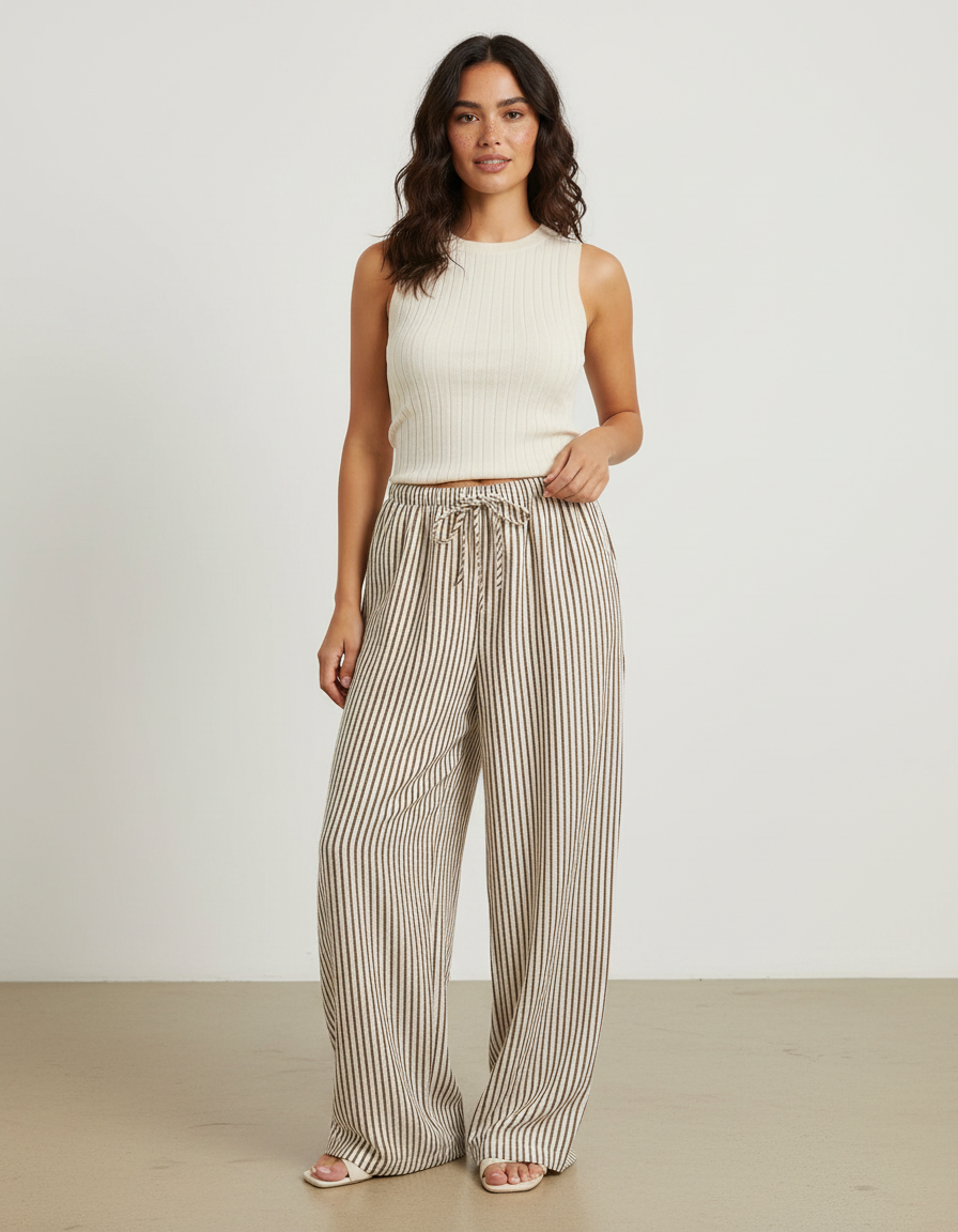 Pantalon Japonais Rayé Ample Fluide Cordon Beige - Lin