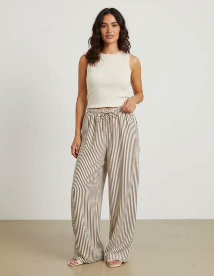 Pantalon Japonais Rayé Ample Fluide Cordon Beige - Lin