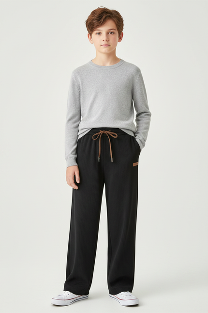 Pantalon Japonais Noir Côtelé Ample Décontracté Cordon - Cordé