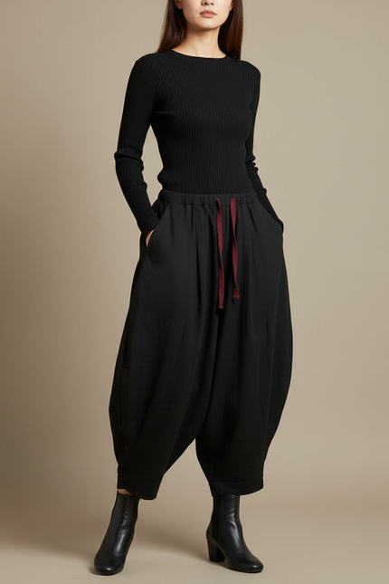 Pantalon Japonais Noir Ample Fluide Cordon Décontracté - Viscose