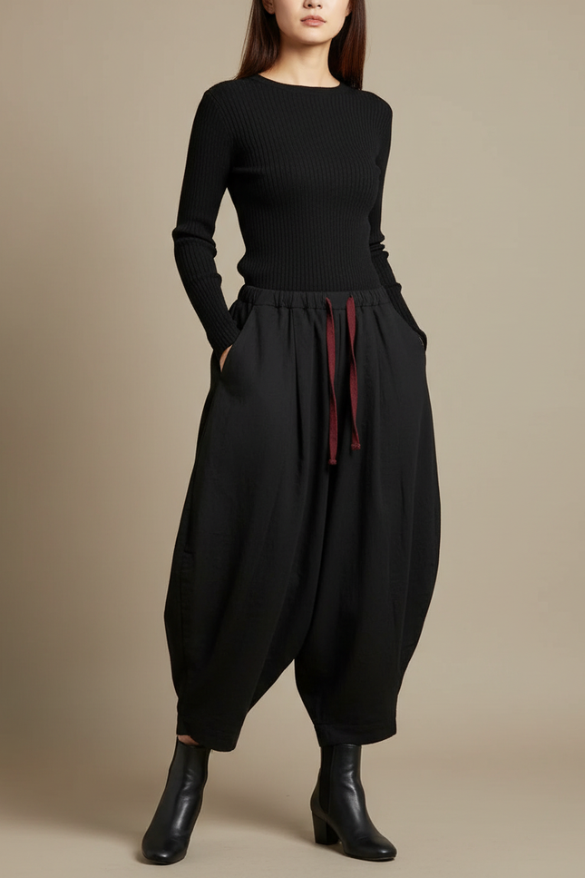Pantalon Japonais Noir Ample Fluide Cordon Décontracté - Viscose