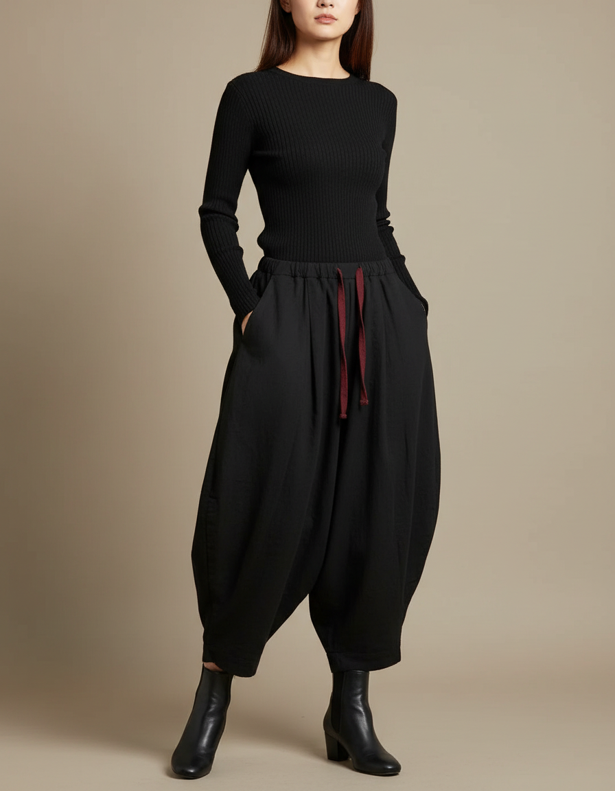 Pantalon Japonais Noir Ample Fluide Cordon Décontracté - Viscose